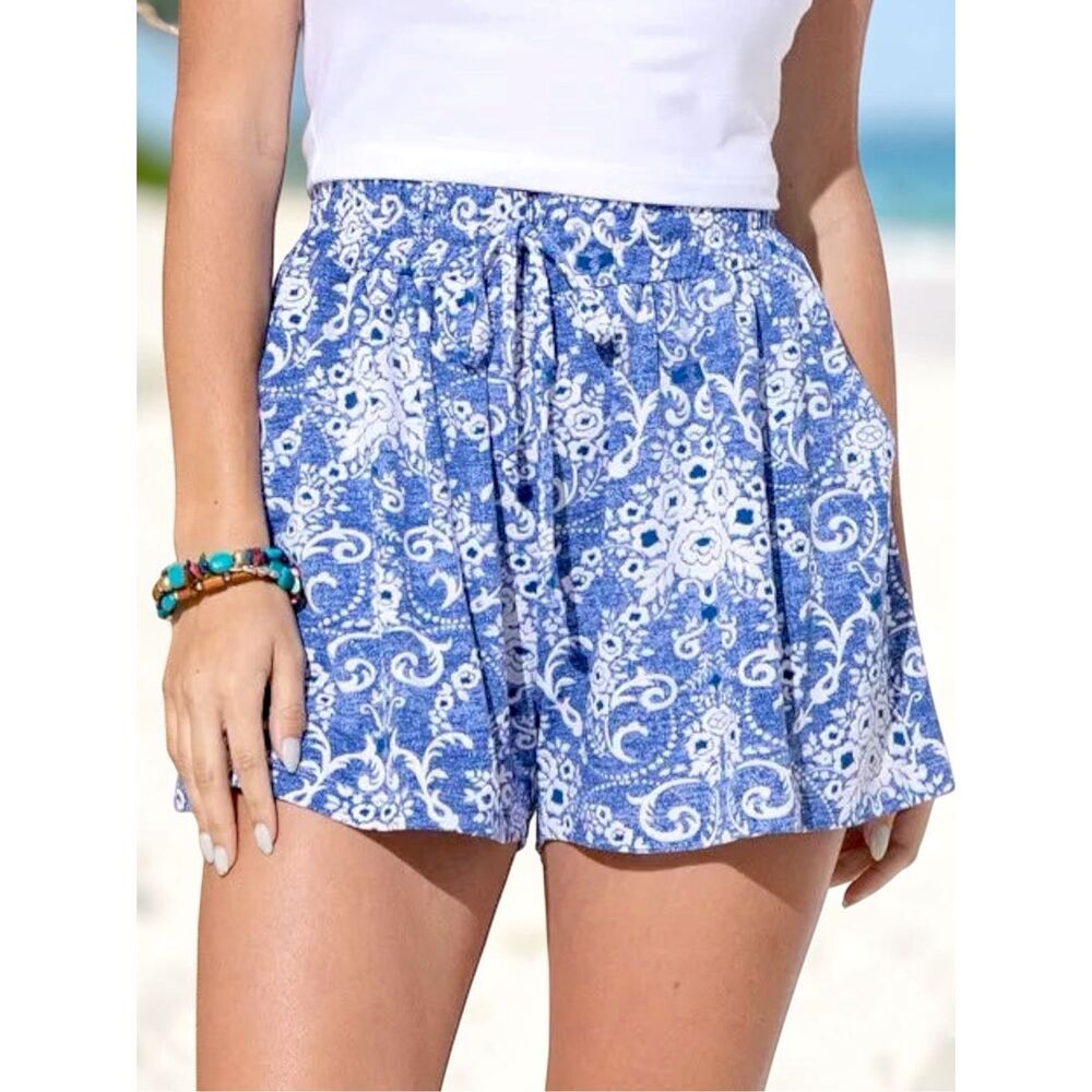 Blue Paisley Boho Shorts Wrinkle-free Stretchy High Rise Cooling Fabric Pockets